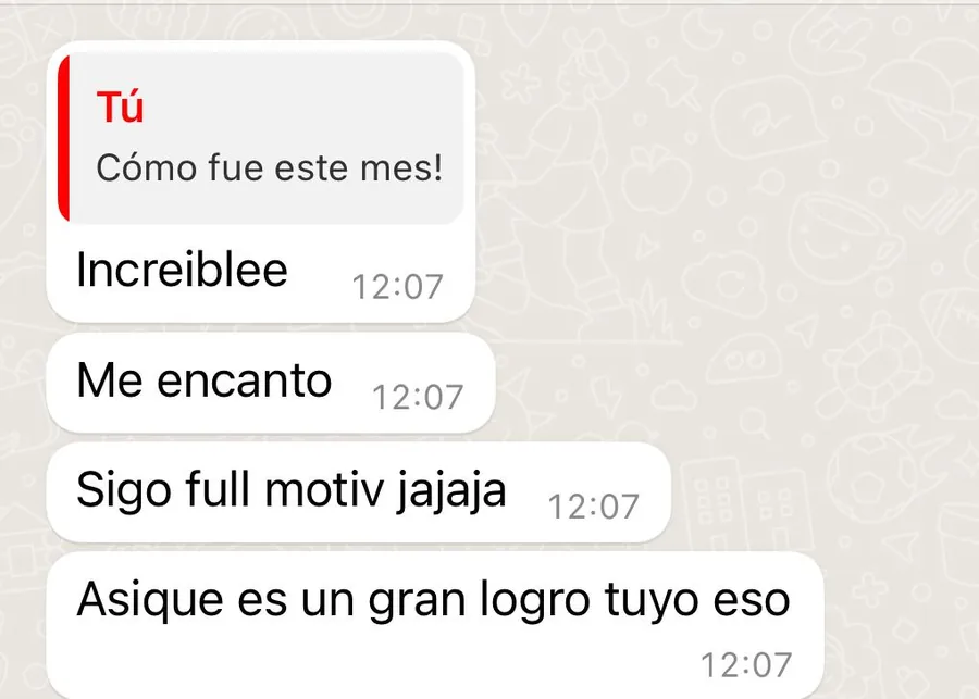 Captura de WhatsApp con el mensaje de una alumna