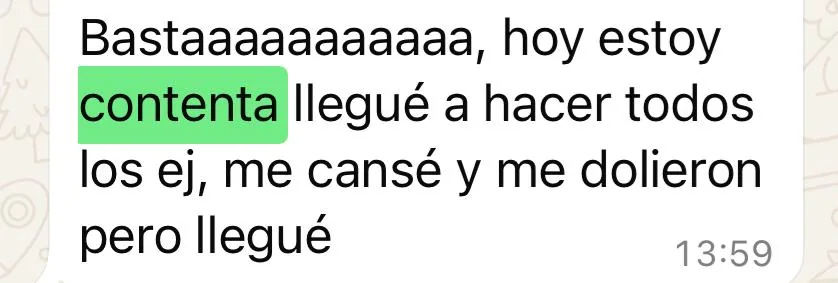 Captura de WhatsApp con el mensaje de una alumna