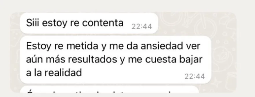 Captura de WhatsApp con el mensaje de una alumna