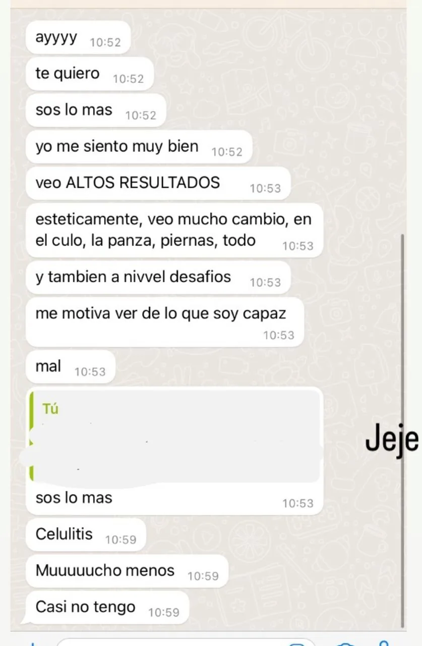 Captura de WhatsApp con el mensaje de una alumna